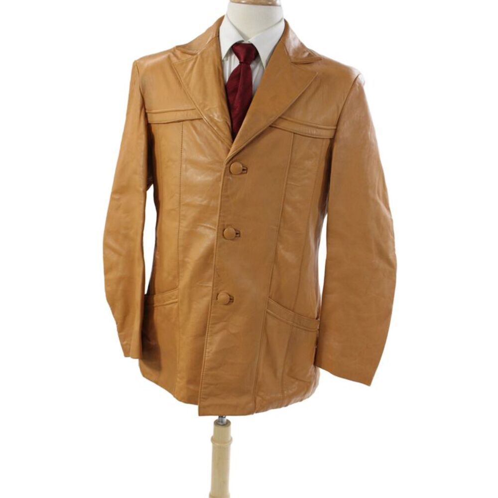 Fantasia Mens Leather Jacket Brown Button Solid Size 44